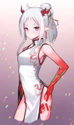 Rule 34 | 1girl, absurdres, arknights, arm tattoo, beudelb, braid, china dress, chinese clothes, colored skin, commentary, cowboy shot, cropped torso, dragon horns, dress, ear piercing, hair ornament, hand on own hip, highres, horns, korean commentary, looking at viewer, nian (arknights), nian (unfettered freedom) (arknights), no tail, official alternate costume, pelvic curtain, piercing, pointy ears, ponytail, red eyes, red skin, solo, tattoo, leg tattoo, white dress, white hair
