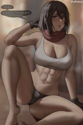 Rule 34 | 1girl, abs, black eyes, black hair, blush, breasts, cleavage, english text, gloves, highres, large breasts, looking at viewer, midriff, mikasa ackerman, navel, oroborus, scarf, shingeki no kyojin, solo, speech bubble, spread legs, tank top, thick thighs, thighs, toned