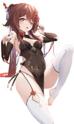 Rule 34 | 1girl, :o, absurdres, alternate costume, bare shoulders, berserker r, black dress, black nails, breasts, bridal gauntlets, brown hair, chinese clothes, dress, flower, flower-shaped pupils, garter straps, genshin impact, gold trim, hair flower, hair ornament, hands up, highres, hu tao (genshin impact), jewelry, knee up, long hair, looking at viewer, multiple rings, nail polish, open mouth, panties, panty peek, pelvic curtain, plum blossoms, red eyes, ring, small breasts, solo, stirrup legwear, symbol-shaped pupils, tassel, tassel hair ornament, thighhighs, thighs, thong, toeless legwear, toes, twintails, underwear, very long hair