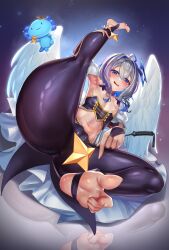 Rule 34 | 1girl, amane kanata, antenna hair, arm up, armpits, blue hair, blush, breasts, cape, cleft of venus, cosplay, dot nose, elbow gloves, embarrassed, eyebrows, eyelashes, female focus, fingerless gloves, fingernails, foot focus, from below, full body, gloves, grey hair, hair ornament, half-closed eyes, highres, hiiragi utena, hiiragi utena (cosplay), holding, holding riding crop, holoforce, hololive, jagoo, leg hold, leg lift, leg up, long fingernails, looking at viewer, looking down, lying, magia baiser, magia baiser (cosplay), mahou shoujo ni akogarete, medium hair, multicolored hair, naughty face, navel, night, night sky, on side, open mouth, pants, pasties, pov, presenting, purple gloves, purple pants, purple pasties, purple sash, reclining, reflection, riding crop, sash, shrug (clothing), sky, small breasts, smile, solo, star (symbol), star hair ornament, star pasties, stirrup legwear, stomach, toeless legwear, toenails, toes, two-tone hair, two-tone sash, upao (amane kanata), virtual youtuber, waist cape, white cape, white shrug, yellow sash