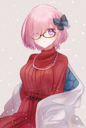 Rule 34 | 1girl, alternate costume, black-framed eyewear, black bow, blush, bow, closed mouth, commentary request, dress, fate/grand order, fate (series), grey background, hair bow, hair over one eye, harukappa, highres, jacket, jewelry, looking at viewer, mash kyrielight, necklace, off shoulder, one eye covered, open clothes, open jacket, pink hair, purple eyes, red dress, short hair, simple background, smile, snow, snowing, solo, twitter username, upper body, white jacket
