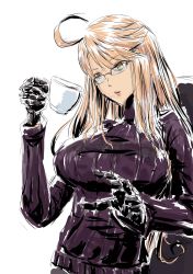 Rule 34 | 1girl, ahoge, alma armas, black-framed eyewear, blonde hair, breasts, brown eyes, chika (keiin), commentary request, cup, dark-skinned female, dark skin, expressionless, glasses, highres, holding, holding cup, large breasts, long hair, mechanical hands, over-rim eyewear, parted lips, ribbed sweater, semi-rimless eyewear, solo, sweater, teacup, turtleneck, va-11 hall-a