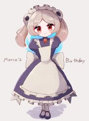 Rule 34 | 1girl, apron, arms behind back, birthday, bloody marie (skullgirls), blush, bright pupils, brooch, character name, dress, facing viewer, fire, frilled apron, frilled dress, frills, full body, grey background, grey hair, hair ornament, highres, jewelry, juliet sleeves, long sleeves, looking at viewer, maid headdress, mary janes, puffy sleeves, red eyes, ribs, sasugane watashi, shoes, skull hair ornament, skullgirls, solo, twintails, white pupils