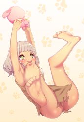 Rule 34 | 1girl, armpits, arms up, barefoot, blush, brown dress, dress, fang, foreshortening, green eyes, holding, holding stuffed toy, legs up, looking up, lying, maidforge, on back, open mouth, paw print, paw print background, pink background, pretty series, pripara, short hair, silver hair, smile, soles, spread legs, strap gap, stuffed animal, stuffed toy, taiyo pepper, tan, thighs, torn clothes, torn dress