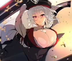 Rule 34 | 1girl, azur lane, breasts, cleavage, floating hair, fur collar, graf zeppelin (azur lane), hat, highres, large breasts, long hair, looking at viewer, military, military hat, military uniform, naze, purple eyes, sidelocks, silver hair, skirt, solo, standing, uniform, white skirt