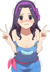 Rule 34 | 1girl, @ @, blue overalls, blush, breasts, copyright request, cowboy shot, double v, hairband, hands up, highres, long hair, looking at viewer, medium breasts, osame, overalls, purple hairband, red sash, sash, simple background, solo, sweat, trembling, v, wavy mouth, white background, wide-eyed