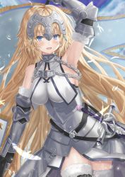 Rule 34 | 1girl, :d, absurdres, arm guards, arm up, armor, armored dress, armpits, banner, bare shoulders, black gloves, blonde hair, blue eyes, blush, breasts, chain, cowboy shot, dress, elbow gloves, fate/grand order, fate (series), feathers, fur-trimmed gloves, fur-trimmed legwear, fur trim, gloves, highres, impossible clothes, impossible dress, jeanne d&#039;arc (fate), jeanne d&#039;arc (ruler) (fate), jeanne d&#039;arc (third ascension) (fate), kazama (akki12), large breasts, light particles, long hair, open mouth, revision, sheath, sheathed, signature, sleeveless, sleeveless dress, smile, solo, sword, thighhighs, very long hair, weapon, white dress, white thighhighs