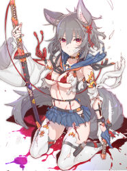 Rule 34 | 1girl, animal ears, asymmetrical sleeves, bad id, bad pixiv id, bandages, bandaid, bandaid on face, blue gloves, blue skirt, bra, breasts, detached sleeves, gloves, grey hair, holding, holding knife, holding sword, holding weapon, katana, knife, long hair, looking at viewer, medium breasts, midriff, miniskirt, mismatched sleeves, navel, original, partially fingerless gloves, pleated skirt, red bra, red eyes, sailor collar, school uniform, seiza, serafuku, sheath, sheathed, short hair, sitting, skirt, solo, sword, tail, tajima ryuushi, thighhighs, torn clothes, torn thighhighs, underwear, weapon, white thighhighs, wide sleeves, wolf ears, wolf tail