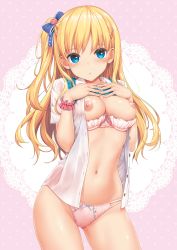 Rule 34 | 1girl, blonde hair, blue eyes, blush, bow, bow panties, bra, bra pull, breast suppress, breasts, cleavage, clothes lift, clothes pull, comic exe, contrapposto, cowboy shot, dress shirt, female pubic hair, hair bow, hair ornament, hairclip, hands on own chest, highres, jewelry, long hair, looking at viewer, medium breasts, multi-strapped panties, navel, nipples, no pants, one side up, open clothes, open shirt, original, panties, pink bra, pink panties, pubic hair, ring, scan, school uniform, see-through, shiny skin, shirt, short sleeves, simple background, solo, standing, stomach, string panties, sweater, sweater lift, sweater vest, takayaki, underwear, white background, wrist cuffs