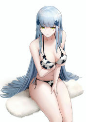 Rule 34 | 1girl, absurdres, amamizu shizuku, animal print, arm under breasts, bare shoulders, bikini, blue hair, breast hold, breasts, cleavage, closed mouth, collarbone, commentary request, cow print, front-tie bikini top, front-tie top, girls&#039; frontline, green eyes, hand on own thigh, hand on thigh, highres, hk416 (girls&#039; frontline), long hair, looking at viewer, medium breasts, navel, revision, side-tie bikini bottom, simple background, sitting, solo, straight hair, swimsuit, thighs, very long hair, white background