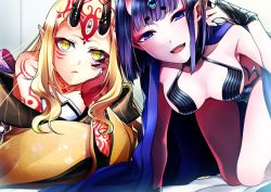Rule 34 | 2girls, bare shoulders, blonde hair, breasts, claws, fate/grand order, fate (series), female focus, hair jewelry, horns, ibaraki douji (fate), japanese clothes, jewelry, kimono, long hair, looking at viewer, multiple girls, off shoulder, oni, pointy ears, purple eyes, purple hair, revealing clothes, sayvi, short hair, short kimono, shuten douji (fate), skin-covered horns, small breasts, wide sleeves, yellow eyes, yellow kimono, z2i1z6z0