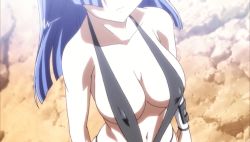 Rule 34 | 1girl, animated, animated gif, aresta blanket, bikini, blue hair, bouncing breasts, breasts, cleavage, covered erect nipples, fight ippatsu! juuden-chan!!, large breasts, long hair, slingshot swimsuit, swimsuit