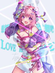 Rule 34 | 1girl, ahoge, animal print, arm up, b9-n3, bangle, bare shoulders, belt, blush, bow, bracelet, breasts, butterfly print, chain, china dress, chinese clothes, cleavage, closed mouth, colored inner hair, commentary request, cropped jacket, dancing, disco ball, double bun, dress, earrings, english text, fang, floral print, green nails, green wristband, hair bow, hair bun, hair intakes, hair ornament, heart, heart earrings, heart hair ornament, highres, idolmaster, idolmaster cinderella girls, idolmaster cinderella girls starlight stage, jacket, jewelry, large breasts, long sleeves, looking at viewer, medium hair, multicolored hair, nail polish, open clothes, open jacket, open mouth, pink belt, pink dress, pink hair, pink nails, print dress, print jacket, purple bow, purple eyes, purple jacket, purple tassel, signature, skin fang, solo, streaked hair, tassel, tassel hair ornament, text background, thighs, tight clothes, tight dress, two-tone hair, v-shaped eyebrows, white background, white dress, wing hair ornament, yumemi riamu, zipper