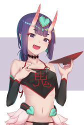 Rule 34 | 1girl, :d, bare shoulders, breasts, chinese clothes, collarbone, commentary request, cup, dudou, fangs, fate/grand order, fate (series), head tilt, headpiece, heart, highres, holding, horns, itachi kanade, long hair, navel, oni, open mouth, pointy ears, purple background, purple eyes, purple hair, sakazuki, shuten douji (fate), shuten douji (fate/grand order), shuten douji (halloween caster) (fate), skin-covered horns, small breasts, smile, solo, thick eyebrows, two-tone background, white background