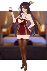 Rule 34 | 1girl, absurdres, alcohol, bare shoulders, bed, beidou (genshin impact), blurry, blurry background, blush, border, breasts, brown hair, cleavage, colored eyepatch, cryptid crab, cup, dress, drinking glass, eyepatch, full body, genshin impact, hair ornament, hair over one eye, hair stick, hairpin, hand on own hip, highres, holding, holding cup, large breasts, long hair, one eye covered, outside border, red dress, red eyes, revealing clothes, short dress, standing, thighhighs, thighs, white border, wide hips, wine glass