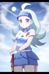 Rule 34 | 1girl, ahoge, blue eyes, blue hair, blue hat, blue skirt, breasts, buttons, collared shirt, creatures (company), flipped hair, game freak, golf club, hat, holding, holding golf club, kahili (pokemon), light blue hair, long hair, mole, mole under eye, nintendo, pencil skirt, pokemon, pokemon sm, shira yu ki, shirt, short sleeves, skirt, small breasts, solo, striped clothes, striped shirt, visor cap