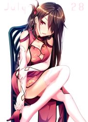 Rule 34 | 1girl, braid, breasts, brown hair, china dress, chinese clothes, cleavage, dated, dress, earrings, elbow gloves, gloves, hair over one eye, haruka natsuki, high heels, hoop earrings, jewelry, knee up, lace, lace-trimmed legwear, lace trim, large breasts, long hair, looking at viewer, open mouth, original, red dress, red eyes, red footwear, shoes, side braid, simple background, smile, solo, thighhighs, very long hair, white background, white gloves, white thighhighs