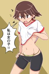 Rule 34 | 1girl, ^^^, bike shorts, black shorts, blush, breasts, brown eyes, brown hair, clothes lift, clothes pull, commentary, frown, girls und panzer, groin, gym shirt, gym uniform, hand on own hip, isobe noriko, lifted by self, looking at viewer, navel, open mouth, panties, pulled by self, shirt, shirt lift, short hair, short shorts, short sleeves, shorts, shorts pull, skindentation, small breasts, solo, standing, string panties, sweat, t-shirt, tanaka rikimaru, translated, underwear, white shirt, yellow panties