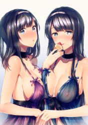 Rule 34 | 2girls, :p, absurdres, asymmetrical docking, babydoll, black hair, blue eyes, blush, breast press, breasts, breath, choker, collarbone, comic exe, countdown, covered erect nipples, eating, fingernails, gradient background, hair ribbon, highres, holding hands, large breasts, lingerie, long fingernails, long hair, looking at viewer, medium hair, multiple girls, negligee, nipples, parted lips, ribbon, see-through, sidelocks, simple background, strap gap, suihei sen, sweat, tears, tongue, tongue out, underwear