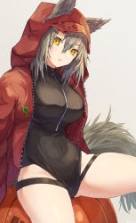 Rule 34 | 1girl, absurdres, animal ears, arknights, ball, beachball, black one-piece swimsuit, breasts, cowboy shot, ears through headwear, grey background, groin, hair between eyes, highleg, highleg swimsuit, highres, hood, hood up, hooded jacket, jacket, kuronyan9630, large breasts, looking at viewer, official alternate costume, one-person show, one-piece swimsuit, open clothes, open jacket, parted lips, projekt red (arknights), projekt red (light breeze) (arknights), red jacket, simple background, sitting, sitting on ball, solo, spread legs, swimsuit, tail, thighs, wolf ears, wolf girl, wolf tail, yellow eyes, zipper pull tab