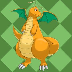 Rule 34 | antennae, black eyes, claws, creatures (company), dragon, dragon tail, dragon wings, dragonite, game freak, gen 1 pokemon, green background, horns, looking up, nintendo, no humans, pokemon, pokemon (creature), ryusei0402, single horn, smile, solo, standing, tail, wings