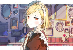 Rule 34 | 1girl, backlighting, blonde hair, book, border, closed mouth, flower, frilled hairband, frills, from side, hair behind ear, hairband, hand up, highres, holding, holding book, indoors, light particles, looking at viewer, looking to the side, maid, maid headdress, okari, original, outline, outside border, parted bangs, picture frame, pink flower, puffy sleeves, red eyes, short hair, smile, upper body, white border, white hairband, white outline