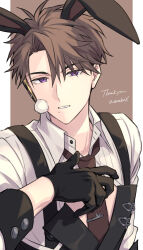 Rule 34 | 1boy, animal ears, bishounen, black gloves, brown hair, character request, copyright request, earpiece, english text, gloves, highres, male focus, mole, mole under mouth, necktie, open mouth, purple eyes, rabbit ears, red necktie, sekina 03, shirt, short hair, solo, suspenders, upper body, white shirt