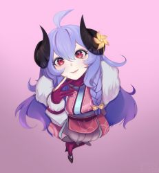 Rule 34 | 1girl, ahoge, alternate eye color, alternate hair color, alternate hairstyle, blue hair, braid, curled horns, fingerless gloves, flower, gloves, goat legs, hair between eyes, hair flower, hair ornament, highres, horns, japanese clothes, kindred (league of legends), lamb (league of legends), league of legends, long hair, looking at viewer, nicosh, official alternate costume, official alternate hairstyle, open mouth, purple hair, red eyes, ribbon, sheep girl, side braid, single fingerless glove, smile, solo, spirit blossom kindred, standing, standing on one leg, twin braids, twintails