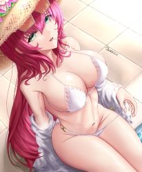 Rule 34 | 1girl, absurdres, azur lane, bare shoulders, bikini, bikini tug, breasts, candy, collarbone, commentary, english commentary, eyewear on head, flower, food, food in mouth, green eyes, hair between eyes, hat, hat flower, highres, large breasts, lollipop, long hair, looking at viewer, looking up, musanix, navel, official alternate costume, pink flower, pink hair, sitting, solo, straw hat, sunglasses, surcouf (azur lane), surcouf (loisirs balneaires) (azur lane), swimsuit, very long hair, white bikini
