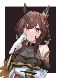 Rule 34 | 1girl, absurdres, animal ears, bare shoulders, border, braided hair rings, breasts, brown background, brown hair, cleavage, closed mouth, collarbone, commentary request, covered collarbone, ear covers, ear ornament, gentildonna (umamusume), gloves, hair between eyes, hand up, heart, heart ear ornament, highres, horse ears, horse girl, jitsumuraakiho, large breasts, light blush, looking at viewer, outside border, red eyes, see-through, see-through cleavage, sidelocks, simple background, smile, solo, standing, umamusume, upper body, wavy hair, white border, white gloves