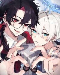 Rule 34 | 2boys, absurdres, arm around shoulder, artist name, black hair, blush, chocolate, collared shirt, ear piercing, earrings, fangs, food, glasses, hair between eyes, hanami haru, highres, holding, holding food, jewelry, light blush, looking at viewer, mole, mole under eye, mole under mouth, multiple boys, necktie, open mouth, original, parted lips, piercing, ring, shirt, short hair, single earring, smile, teeth, tongue, upper teeth only, white day, white hair, white shirt