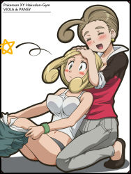 Rule 34 | 10s, 2girls, :d, ^ ^, alexa (pokemon), awa, bare shoulders, between breasts, black panties, blonde hair, blush, blush stickers, breasts, brown hair, character name, cleavage, closed eyes, copyright name, covered erect nipples, creatures (company), earrings, game freak, green eyes, gym leader, happy, head between breasts, jewelry, kneeling, large breasts, midriff, multiple girls, navel, nintendo, open mouth, panties, pants, pokemon, pokemon xy, shirt, shoes, short hair, siblings, sisters, sitting, smile, star (symbol), tank top, taut clothes, tongue, underwear, undressing, viola (pokemon), white shirt, wide-eyed, wristband