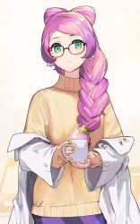 Rule 34 | 1girl, black-framed eyewear, braid, brown sweater, closed mouth, commentary, creatures (company), cup, game freak, glasses, green eyes, highres, holding, holding cup, hsin, jacket, long hair, miriam (pokemon), nintendo, open clothes, open jacket, pink hair, pokemon, pokemon sv, simple background, single braid, solo, standing, steam, sweater, symbol-only commentary, turtleneck, turtleneck sweater, white background, white jacket