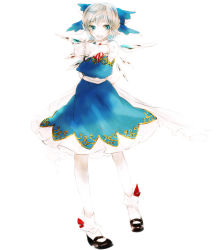 Rule 34 | 1girl, :d, bad id, bad pixiv id, blue dress, blue eyes, blush, cirno, dress, full body, highres, looking at viewer, mary janes, open mouth, shoes, short hair, silver hair, simple background, smile, solo, standing, sugi, touhou, white background