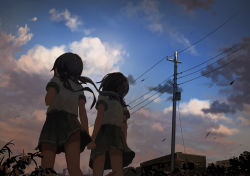 Rule 34 | 2girls, absurdres, black hair, black sailor collar, building, cloud, cloudy sky, commentary request, dark, from behind, from below, highres, holding hands, inami hatoko, interlocked fingers, leaf, letterboxed, long hair, multiple girls, original, plant, pleated skirt, power lines, sailor collar, scenery, school uniform, serafuku, shirt, short hair, short sleeves, skirt, sky, twintails, utility pole, white shirt, wind