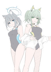 Rule 34 | ..., 2girls, absurdres, animal ears, arknights, bare shoulders, black collar, black one-piece swimsuit, blue archive, blue eyes, breasts, bright pupils, cat ears, cat girl, collar, competition swimsuit, crossover, dated commentary, earclip, extra ears, feet out of frame, flying sweatdrops, green eyes, green hair, grey hair, halo, highres, kal&#039;tsit (arknights), looking at viewer, masabodo, material growth, medium breasts, mismatched pupils, multiple girls, off shoulder, one-piece swimsuit, oripathy lesion (arknights), shiroko (blue archive), shiroko (swimsuit) (blue archive), shirt, short hair, short ponytail, simple background, swimsuit, white background, white pupils, white shirt