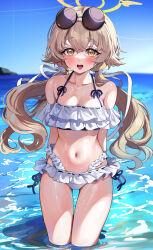 1girl absurdres arms_behind_back bare_shoulders bikini bikini_skirt blue_archive blue_sky blush breasts brown_hair cleavage collarbone cowboy_shot day eyewear_on_head frilled_bikini frills hair_ribbon halo hifumi_(blue_archive) hifumi_(swimsuit)_(blue_archive) highres legs_together long_hair looking_at_viewer low_twintails navel ocean official_alternate_costume outdoors ribbon round_eyewear sak_(lemondisk) sky small_breasts solo stomach sunglasses swimsuit thigh_gap thighs twintails wading water white_bikini white_ribbon yellow_eyes