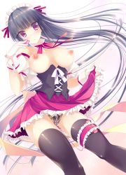 Rule 34 | 1girl, bad id, bad pixiv id, bare shoulders, black hair, black thighhighs, blush, breasts, breasts apart, bridal garter, condom, corset, covered erect nipples, gloves, lifting own clothes, long hair, maid, maid headdress, nipples, no bra, original, panties, purple eyes, pussy juice, red eyes, sex toy, skirt, solo, thighhighs, underwear, very long hair, vibrator, vibrator under clothes, vibrator under panties, yudesoba