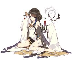 Rule 34 | 1girl, bare legs, bare shoulders, barefoot, black hair, blue eyes, chinese clothes, detached sleeves, floating, floating object, full body, fuxi (honkai impact), holding, holding scroll, honkai (series), honkai impact 3rd, long hair, official art, scroll, sitting, snake, third-party source, transparent background, wariza, white snake