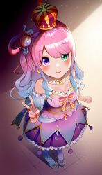 Rule 34 | 1girl, asymmetrical legwear, bare shoulders, blue eyes, blush, breasts, cleavage, crescent, crown, detached sleeves, dress, earrings, floor, frilled dress, frills, full body, gradient hair, green eyes, heterochromia, highres, himemori luna, himemori luna (1st costume), hololive, jewelry, long hair, looking at viewer, medium breasts, multicolored hair, nail polish, open mouth, pink nails, plain 222, puffy short sleeves, puffy sleeves, shoes, short sleeves, standing, v, virtual youtuber