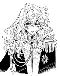 Rule 34 | 1girl, aiguillette, akiyama enma, closed mouth, commentary request, epaulettes, greyscale, hair between eyes, jacket, long hair, looking at viewer, monochrome, oscar francois de jarjayes, simple background, smile, solo, upper body, v-shaped eyebrows, versailles no bara, wavy hair, white background