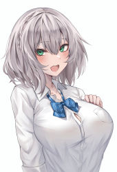 Rule 34 | 1girl, absurdres, blue bow, blush, bow, bowtie, braid, breasts, button gap, collared shirt, dress shirt, french braid, green eyes, grey hair, hair between eyes, hangetsu15, highres, hololive, large breasts, long sleeves, looking at viewer, open mouth, shirogane noel, shirogane noel (school uniform), shirt, short hair, simple background, sleeves rolled up, solo, virtual youtuber, wavy hair, white background, white shirt