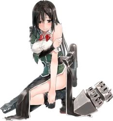 Rule 34 | 10s, 1girl, bare shoulders, black eyes, black footwear, black hair, black skirt, black thighhighs, blush, bob (biyonbiyon), boots, bow, bowtie, breasts, chikuma (kancolle), damaged, full body, hand on own arm, kantai collection, kneeling, large breasts, long hair, long skirt, lowres, no panties, official art, pelvic curtain, short sleeves, side slit, single thighhigh, skirt, solo, thighhighs, transparent background, turret
