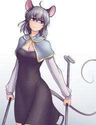 Rule 34 | 1girl, adapted costume, ahoge, animal ears, black dress, breasts, capelet, cowboy shot, dowsing rod, dress, earrings, frown, gradient background, grey hair, hater (hatater), highres, holding, jewelry, long sleeves, looking to the side, mouse ears, mouse tail, nazrin, necklace, pendant, red eyes, simple background, single earring, solo, standing, tail, touhou