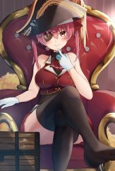 Rule 34 | 1girl, absurdres, amayo (amayo000), armchair, ascot, black hat, black thighhighs, blush, breasts, brooch, buttons, chair, cropped jacket, crossed legs, eyebrows hidden by hair, eyepatch, glint, gloves, gold trim, hair between eyes, hair ribbon, hat, highres, hololive, houshou marine, indoors, jacket, jewelry, lapels, large breasts, leotard, leotard under clothes, long hair, looking at viewer, no shoes, notched lapels, off shoulder, pirate hat, pleated skirt, pointing, pointing at self, red ascot, red eyes, red hair, red jacket, red ribbon, red skirt, ribbon, skirt, sleeveless, sleeveless jacket, smile, solo, thighhighs, treasure chest, twintails, virtual youtuber, white gloves