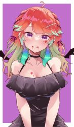 Rule 34 | 1girl, absurdres, ahoge, bare shoulders, black dress, blood, blood in mouth, blunt bangs, blush, collarbone, commentary, cross, cross earrings, dress, earrings, english commentary, feather earrings, feathers, gradient hair, green hair, hair ornament, hair ribbon, halloween, heart, highres, hololive, hololive english, jewelry, licking lips, long hair, looking at viewer, multicolored hair, off-shoulder dress, off shoulder, orange hair, purple background, purple eyes, ribbon, shironekokfp, short sleeves, simple background, solo, standing, takanashi kiara, tongue, tongue out, v arms, virtual youtuber