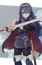 Rule 34 | 1girl, armor, bad id, bad twitter id, belt, belt buckle, blue cape, blue eyes, blue hair, blue pants, blue shirt, boots, buckle, cape, falchion (fire emblem), fingerless gloves, fire emblem, fire emblem awakening, gloves, hair between eyes, highres, holding, holding sword, holding weapon, lamb-oic029, long hair, long sleeves, looking at viewer, lucina (fire emblem), nintendo, pants, pauldrons, red cape, sheath, shirt, shoulder armor, solo, sword, thigh boots, thighhighs, tiara, weapon, wrist cuffs