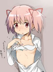 Rule 34 | 10s, 1girl, :3, bad id, bad pixiv id, blush, censored, censored nipples, character censor, collarbone, embarrassed, grey background, hair ribbon, kaname madoka, kyubey, looking at viewer, mahou shoujo madoka magica, mahou shoujo madoka magica (anime), make a contract, navel, no bra, novelty censor, open clothes, open mouth, open shirt, red eyes, ribbon, school uniform, shirt, short twintails, solo, sweatdrop, twintails, white shirt, yoplait