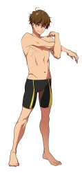 Rule 34 | 1boy, barefoot, black jammers, black male swimwear, brown hair, full body, groin, high speed!, jammers, kirishima natsuya, looking at viewer, male focus, male swimwear, megumi-square, muscular, red eyes, serizawa nao, short hair, simple background, smile, solo, swimsuit, topless male, white background