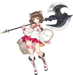 Rule 34 | 1girl, animal ear fluff, animal ears, ark order, asymmetrical sleeves, axe, bare shoulders, boots, bracelet, breasts, brown hair, chinese clothes, cleavage, cleavage cutout, clothing cutout, detached sleeves, full body, fur-trimmed boots, fur trim, green eyes, hinezumi (ark order), holding, holding axe, jewelry, leg tattoo, long sleeves, looking at viewer, mismatched sleeves, mouse ears, official art, red skirt, reisun001, shirt, short hair, short sleeves, skirt, smile, solo, tachi-e, tattoo, transparent background, white footwear, white shirt